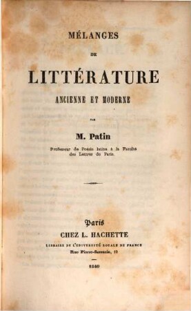 Mélanges de Littérature ancienne et moderne