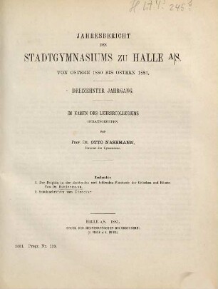 Jahresbericht des Stadtgymnasiums zu Halle : von Ostern ... bis Ostern .... 1880/81