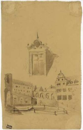 Rathaus und Marstall zu Dresden, Gaube vom Rathaus, Hof des Marstalls