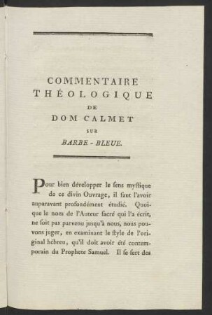 Commentaire Théologique De Dom Calmet Sur Barbe-Bleue