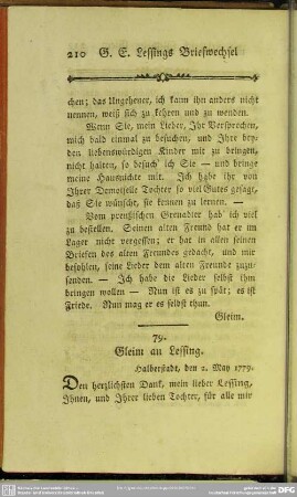 79. Gleim an Lessing. Halberstadt, den 2. May 1779