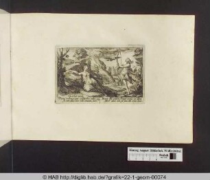Apollo zielt mit dem Bogen auf Coronis, die von einem Pfeil getroffen zu Boden sinkt.