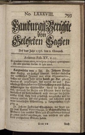 No. LXXXVIII. Auf das Jahr 1736. den 2. Novemb. - No. XCVI. Auf das Jahr 1736. den 30. Novemb.
