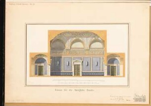 Bahnhof, Hannover Schinkelwettbewerb 1869: Längsschnitt durch die Räume für die königliche Familie; 2 Maßstabsleisten (Fuß, Meter)