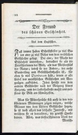 Der Freund des schönen Geschlechts. Aus dem Englischen.