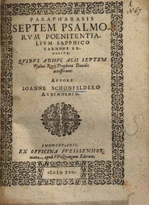 Paraphrasis septem Psalmorum poenitentialium sapphico carmine exposita