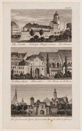 Drei Ansichten von Leipzig: Pleißenburg, Peterstor und Grimmaisches Tor, Tafel IV aus Gretschels Leipzig und seine Umgebungen