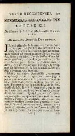 Lettre XLI. De Madame B*** à Mademoiselle Darndord. Ma trés chére Demoiselle Darnford.