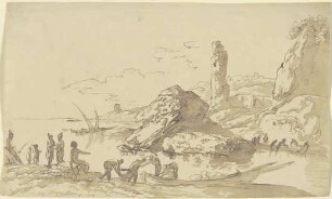 Meeresufer, im Vordergrund Männer, die ein Boot beladen, im Mittelgrund die Ruine eines Turms, im Hintergrund eine Tempelruine