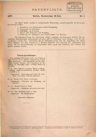 Patentblatt. Patentliste. 1877, Juli - Dez.