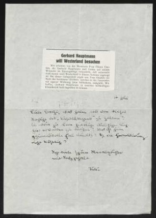 Brief von Brigitte Bermann Fischer an Margarete Hauptmann