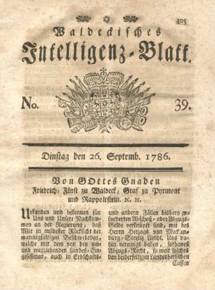 No. 39, Dinstag den 26. Septemb. 1786