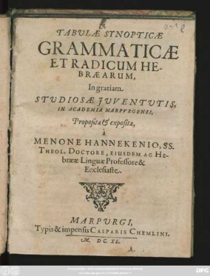 Tabulae Synopticae Grammaticae Et Radicum Hebraearum