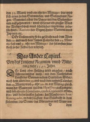 Das Ander Capitel. Von des Lentzens Regenten/ unnd Witterung dieses 1590. Jahrs.