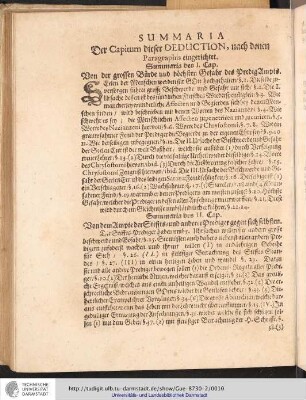 Summaria der Capitum dieser Deduction, nach denen Paragraphis eingerichtet. Summaria des I. Cap. Von der grossen Brde und höchsten Gefahr des PredigAmpts.