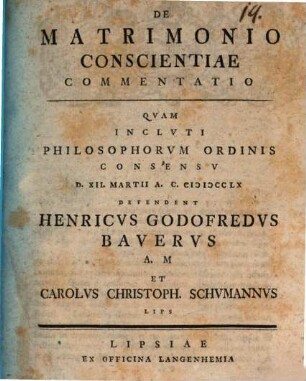 De matrimonio conscientiae commentatio