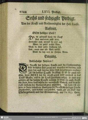 Sechs und sechzigste Predigt. Von der Krafft und Nothwendigkeit der Heil. Tauffe