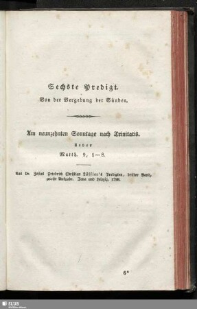 Sechste Predigt. Von der Vergebung der Sünden
