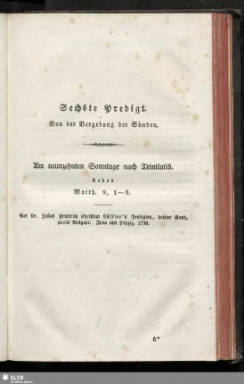 Sechste Predigt. Von der Vergebung der Sünden
