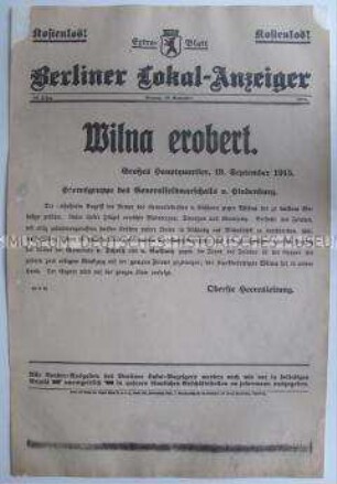 Extra-Blatt des "Berliner Lokal-Anzeiger" zur Eroberung von Wilna (Wilnius) durch die Armee von Hindenburg