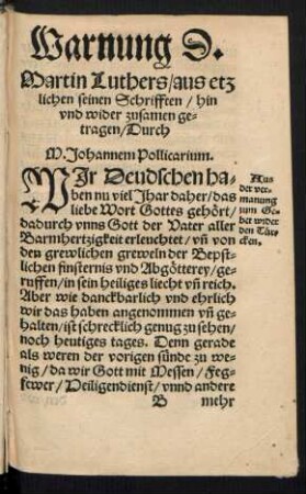 Warnung D. Martin Luthers/ aus etzlichen seinen Schrifften ...