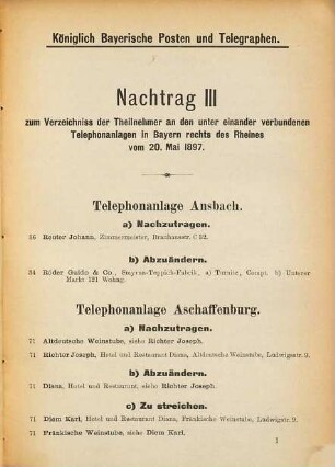 Verzeichnis der Teilnehmer an den Ortstelephonnetzen in Bayern. 1897, Nachtr. 1 - 8