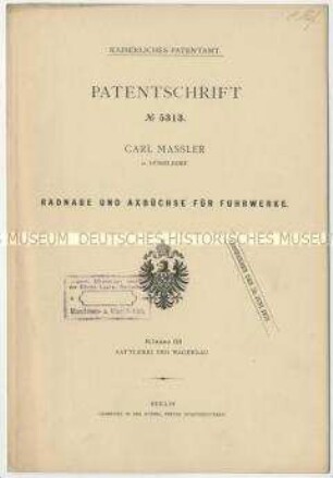 Patentschrift einer Radnabe und Achsbüchse für Fuhrwerke, Patent-Nr. 5313