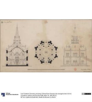 Arnsberg. Entwurf zum Neubau der evangelischen Kirche. Grundriss, Aufriss und Durchschnitt