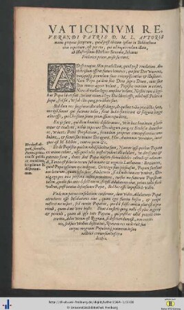 Vaticinium Reverendi Patris D. M. L. Autoris manu propria scriptum …