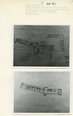 Kurhotel am Vierwaldstätter See, Schweiz (Diplomarbeit bei Kurt Dübbers): Grundrisse Erdgeschoss und 1. Obergeschoss 1:200
