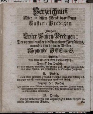 Verzeichnuß Aller in disem Werck begriffenen Fasten-Predigen