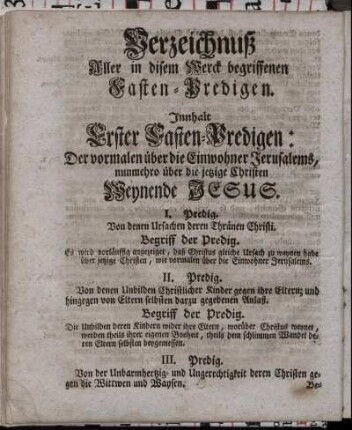 Verzeichnuß Aller in disem Werck begriffenen Fasten-Predigen