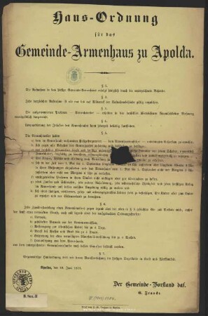 Hausordnung für das Gemeinde-Armenhaus zu Apolda : Apolda, 30. Juni 1873