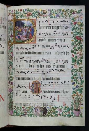 Zierseite mit Bordürenrahmen, Initiale mit Miniatur: D(omine ne longefacieas): Einzug Christi in Jerusalem