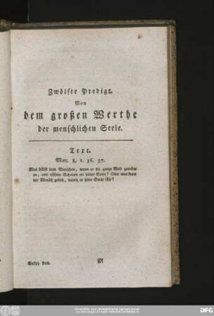 Zwölfte Predigt. Von dem großen Werthe der menschlichen Seele.