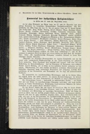 Konveniat der katholischen Religionslehrer : in Cöln am 27. und 28. Dezember 1911