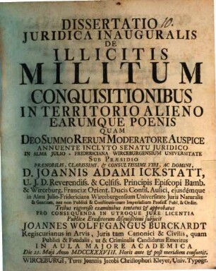 Diss. ... inaug. de illicitis militum conquisitionibus in territorio alieno earumque poenis