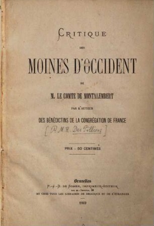 Critique des Moines d'Occident de M. le Comte de Montalembert par l‛auteur des Bénédictins de la Congrégation de France
