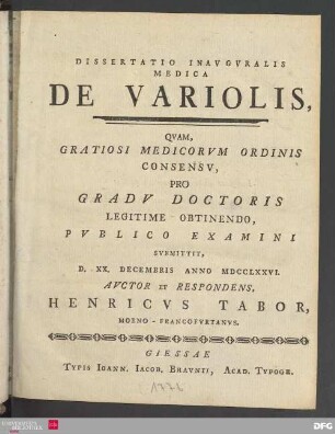 Dissertatio inavgvralis medica de variolis