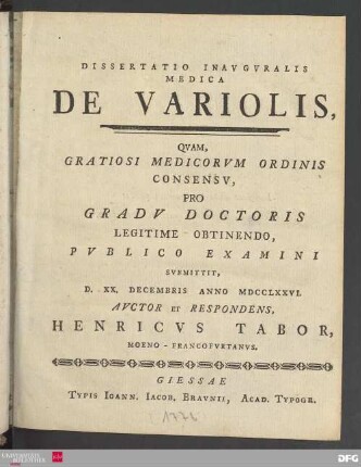 Dissertatio inavgvralis medica de variolis