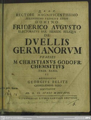 Rectore Magnificentissimo Serenissimo Principe Regio Domino ... De Duellis Germanorum