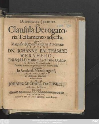 Disputatio Juridica De Clausula Derogatoria Testamento adjecta