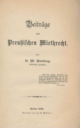 Beiträge zum Preussischen Miethrecht
