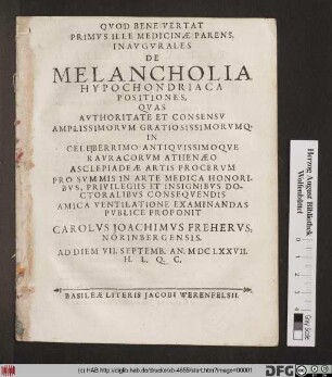 Inaugurales De Melancholia Hypochondriaca Positiones