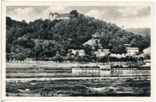 Scharfenberg. Schloss mit Elbe und Dampfer Austria
