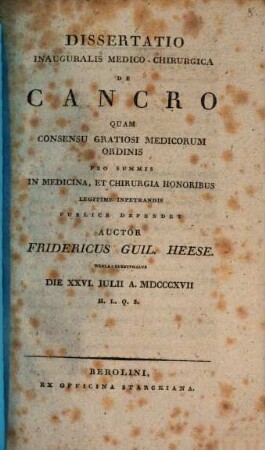 Diss. inaug. med.-chir. de cancro