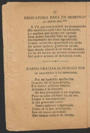 Dando gracias al público por su asistencia á un beneficio.