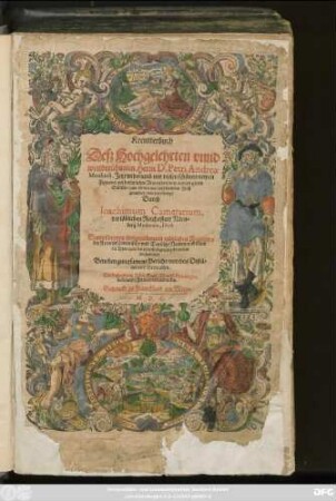 Kreutterbuch || Desz Hochgelehrten vnnd || weitberühmten Herrn D. Petri Andreae || Matthioli, Jetzt widerumb mit vielen schönen newen || Figuren/ auch nützlichen Artzeneyen/ vnd andern guten || Stücken/ zum dritten mal auß sonderm Fleiß || gemehret/ vnnd verfertigt/|| Durch || Ioachimum Camerarium,|| der löblichen Reichsstatt Nürn=||berg Medicum, Doct.|| ... Beneben gnugsamem Bericht/ von den Distil=||lier vnd Brennöfen.||[Übers.v.(Georgius Handsch ... ||)]