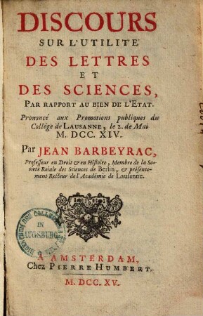 Discours sur l'utilité des Lettres et des Sciences