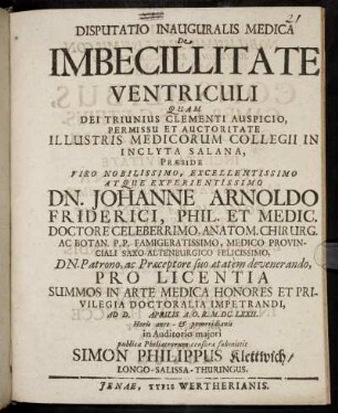 Disputatio Inauguralis Medica De Imbecillitate Ventriculi